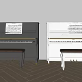Black And White Acoustic Pianos With Music Sheets And Wooden Stools In Room Setting