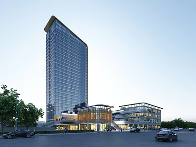 Modern High Rise Hotel Building With Glass Curtain Wall Podium Structure And Surrounding Parking Area 3d model