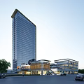 Modern High Rise Hotel Building With Glass Curtain Wall Podium Structure And Surrounding Parking Area