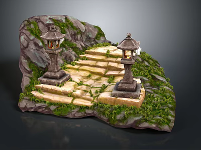 Natural Stone Stairs Flanked By Traditional Stone Lanterns With Green Moss And Rock Background 3d model