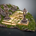 Natural Stone Stairs Flanked By Traditional Stone Lanterns With Green Moss And Rock Background