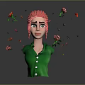 3D Female Character With Pink Hair Green Outfit And Floating Red Roses Petals