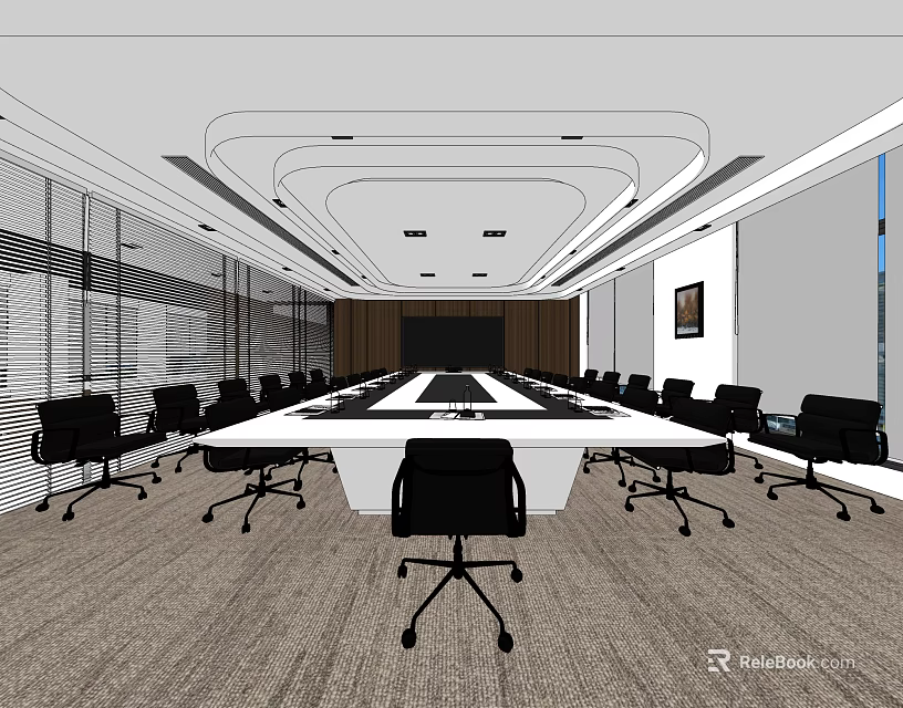 Modern Conference Room With Long Meeting Table Black Office Chairs Large Windows And Ceiling Lighting 3d model 