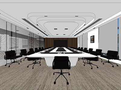 Modern Conference Room With Long Meeting Table Black Office Chairs Large Windows And Ceiling Lighting 3d model