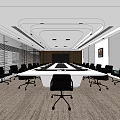 Modern Conference Room With Long Meeting Table Black Office Chairs Large Windows And Ceiling Lighting