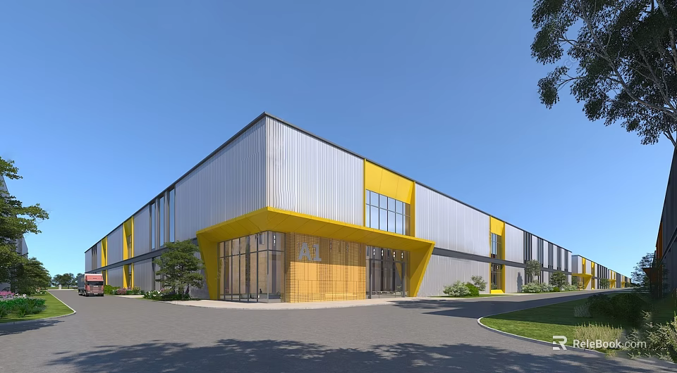 Modern Industrial Factory Building With Metal Facade Yellow Accents And Glass Windows 3d model 