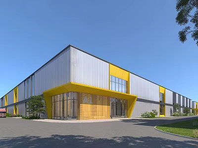Modern Industrial Factory Building With Metal Facade Yellow Accents And Glass Windows 3d model
