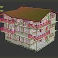 Cartoon Style Three Story Building With Green Roof Beige Walls And Red Railings