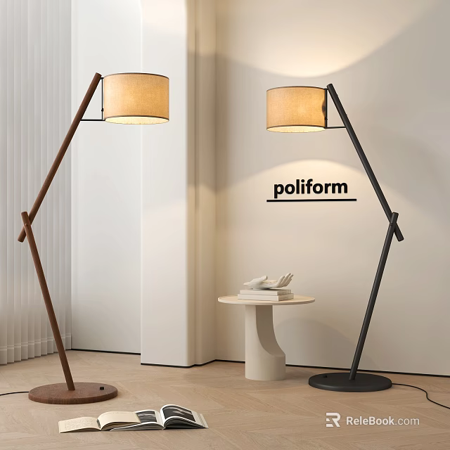 Poliform Modern Floor Lamps In Wooden And Black With Side Table For Living Room Interior 3d model 