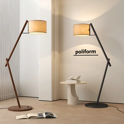 Poliform Modern Floor Lamps In Wooden And Black With Side Table For Living Room Interior 3d model