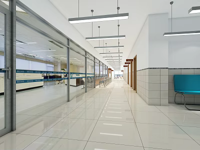 Clean Modern Hospital Corridor With Glass Partitions Blue Bench And Tile Floor 3d model