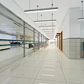 Clean Modern Hospital Corridor With Glass Partitions Blue Bench And Tile Floor