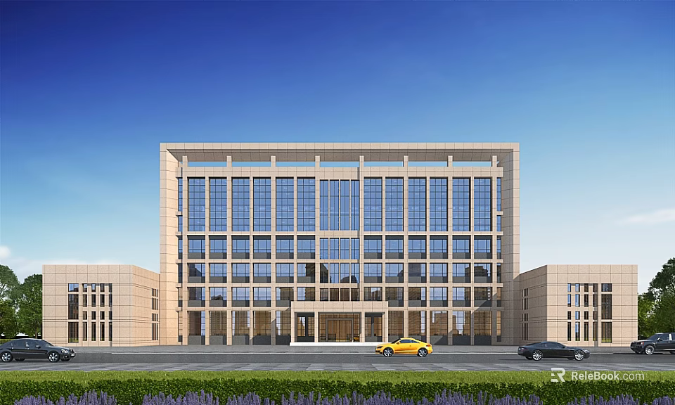 Aerial Planning for Modern Building With Large Glass Windows Light Stone Facade And Landscaping 3d model 