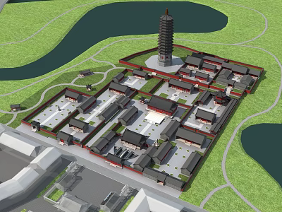 Ancient Chinese Architecture Complex With Traditional Pagoda Courtyards Greenery And Water Area 3d model