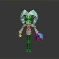 3D Cartoon Character With Geometric Teal Headwear Striped Clothing And Purple Object