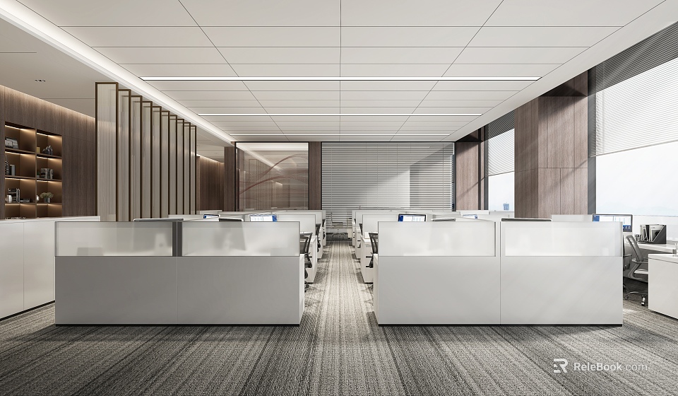 Modern Public Office Area Interior With Partitioned Workstations White Desks Wooden Walls And Ceiling Lights 3d model 