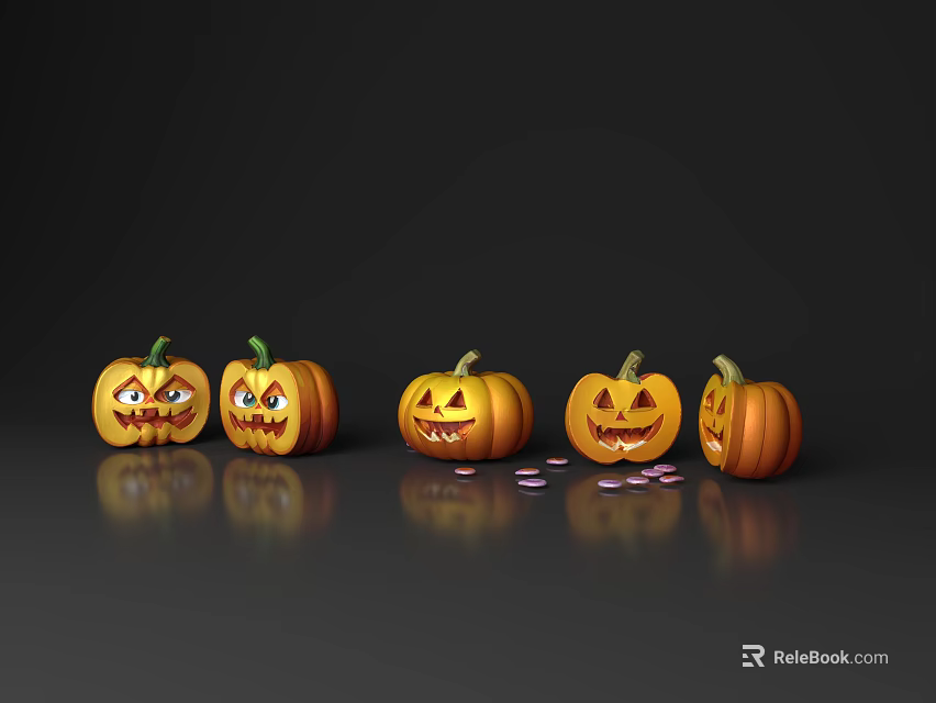 Carved Pumpkins with Different Carved Faces and Reflections on Dark Background with Candies 3d model 