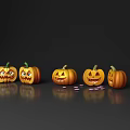Carved Pumpkins with Different Carved Faces and Reflections on Dark Background with Candies