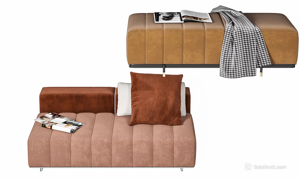 Stylish Sofa Bench With Brown Beige Pillows Plaid Blanket And Magazines 3d model 