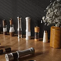 Wooden White Spice Bottles With Pepper Salt On Kitchen Table Chili Peppers Flowers