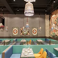 Traditional Mural Restaurant Interior With Colorful Booth Seating Neat Table Settings And Pendant Lights