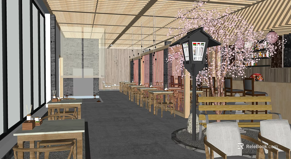 Japanese Restaurant Interior With Cherry Blossom Tree Wooden Tables Chairs And Lantern 3d model 