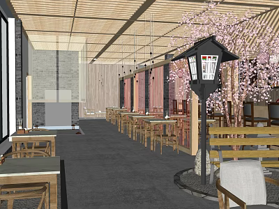 Japanese Restaurant Interior With Cherry Blossom Tree Wooden Tables Chairs And Lantern 3d model