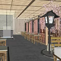 Japanese Restaurant Interior With Cherry Blossom Tree Wooden Tables Chairs And Lantern