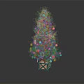 Decorated Christmas Tree with Small Ornaments White Blue Balls on Wooden Crate Base Dark Background
