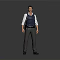 Man in Blue Vest White Shirt Gray Pants and Black Shoes Standing Against Gray Background