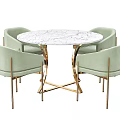 Modern Light Green And Beige Dining Chairs With Round Marble Tabletop And Golden Legs