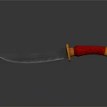 Ornate Weapon With Blue Blade Red Handle Gold Accents And Green Gemstone