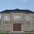 Elegant Detached Villa With Blue Roof Beige Exterior Large Windows Balcony And Swimming Pool