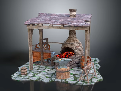 Traditional Handcraft Workshop With Brick Stove Burning Coals Wooden Barrels And Stone Mill 3d model