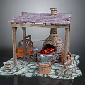 Traditional Handcraft Workshop With Brick Stove Burning Coals Wooden Barrels And Stone Mill