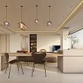 Modern Living and Dining Area with Curved Sofa Area Rug Pendant Lights and Dining Table