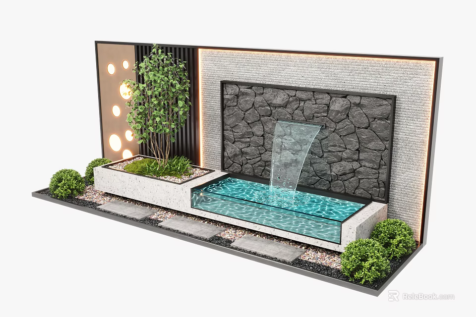 Modern Scenic Feature Wall With Stone Surface Waterfall Green Plants And Decorative Lighting 3d model 