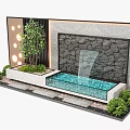 Modern Scenic Feature Wall With Stone Surface Waterfall Green Plants And Decorative Lighting