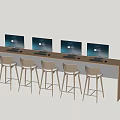 Wooden Long Table With High Stools And Computer Monitors For Modern Workspace Setup 3d model
