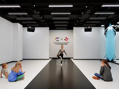 Indoor Fitness Activity Featuring Female Trainer With Children Adults Watching And Background Logo 3d model