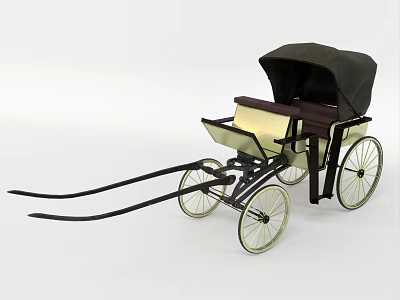 Vintage Horse Carriage With Black Canopy Golden Wheels And Wooden Seat 3d model
