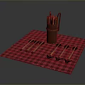 Archery Weapons Arrows with Brown Leather Quiver on Red and Black Checkered Blanket