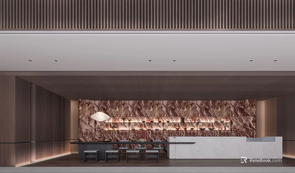 Luxury Modern Bar Interior With Marble Wall And Wooden Decor Elements 3d model 