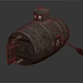 Wooden Barrel Shaped Water Vehicle With Small Windows Tower Like Structure And Paddle