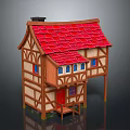 Picturesque Rural Scenery With Half Timbered House Red Tiled Roof Red Door And Blue Windows