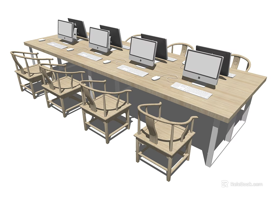 Long Wooden Office Desk Setup With Multiple Computer Monitors And Chairs 3d model