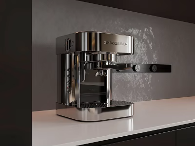 Stainless Steel Espresso Coffee Machine In Modern Kitchen With White Countertop And Grey Wall 3d model