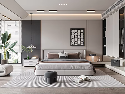 Modern Bedroom Interior Design With Comfortable Bed Nightstands Plants Artwork Wardrobe And Rug 3d model