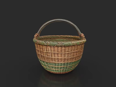Handwoven Household Storage Basket With Green Brown Pattern And Handle 3d model