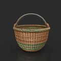 Handwoven Household Storage Basket With Green Brown Pattern And Handle
